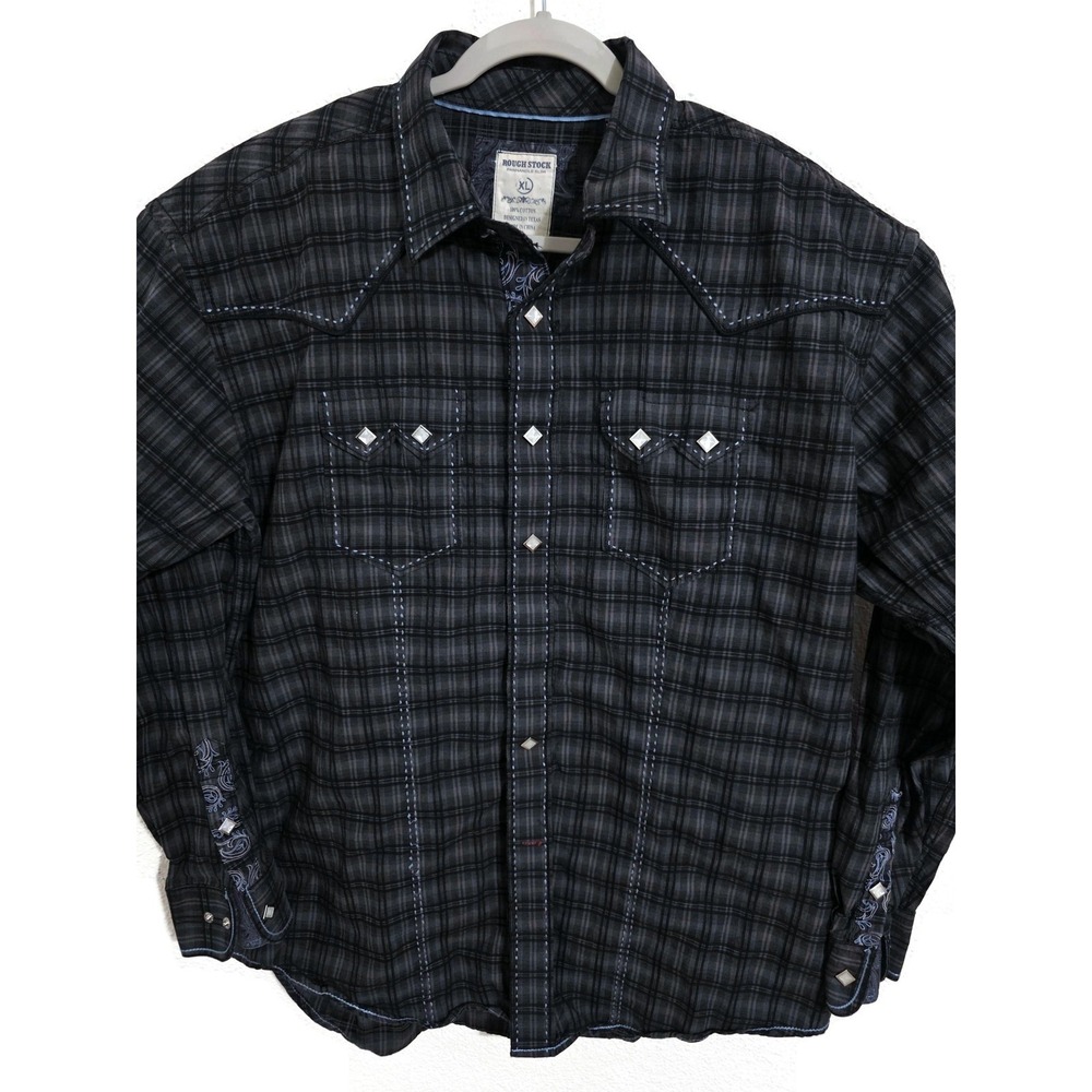 Rough Stock Panhandle Slim Shirt Mens XL Black Plaid Long Sleeve Snap Western